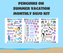 Penguins on Summer Vacation Monthly Bujo Sticker Kit Digital Download