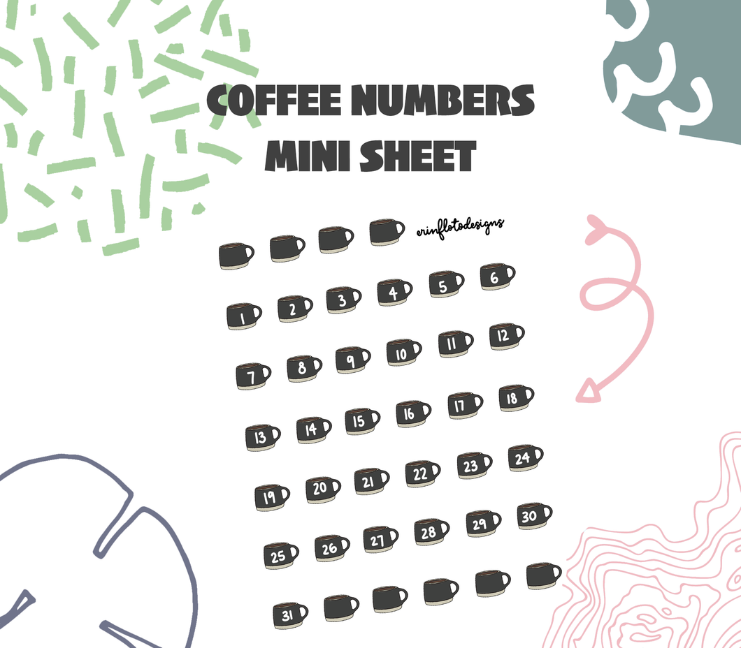 Coffee Numbers and Doodles Mini Stickers Digital Download