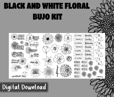 Digital Download - Black and White Florals Monthly Bullet Journal Sticker Kit
