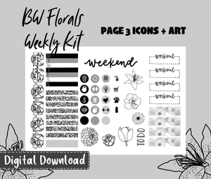Black and White Florals Weekly Sticker Kit Digital Download