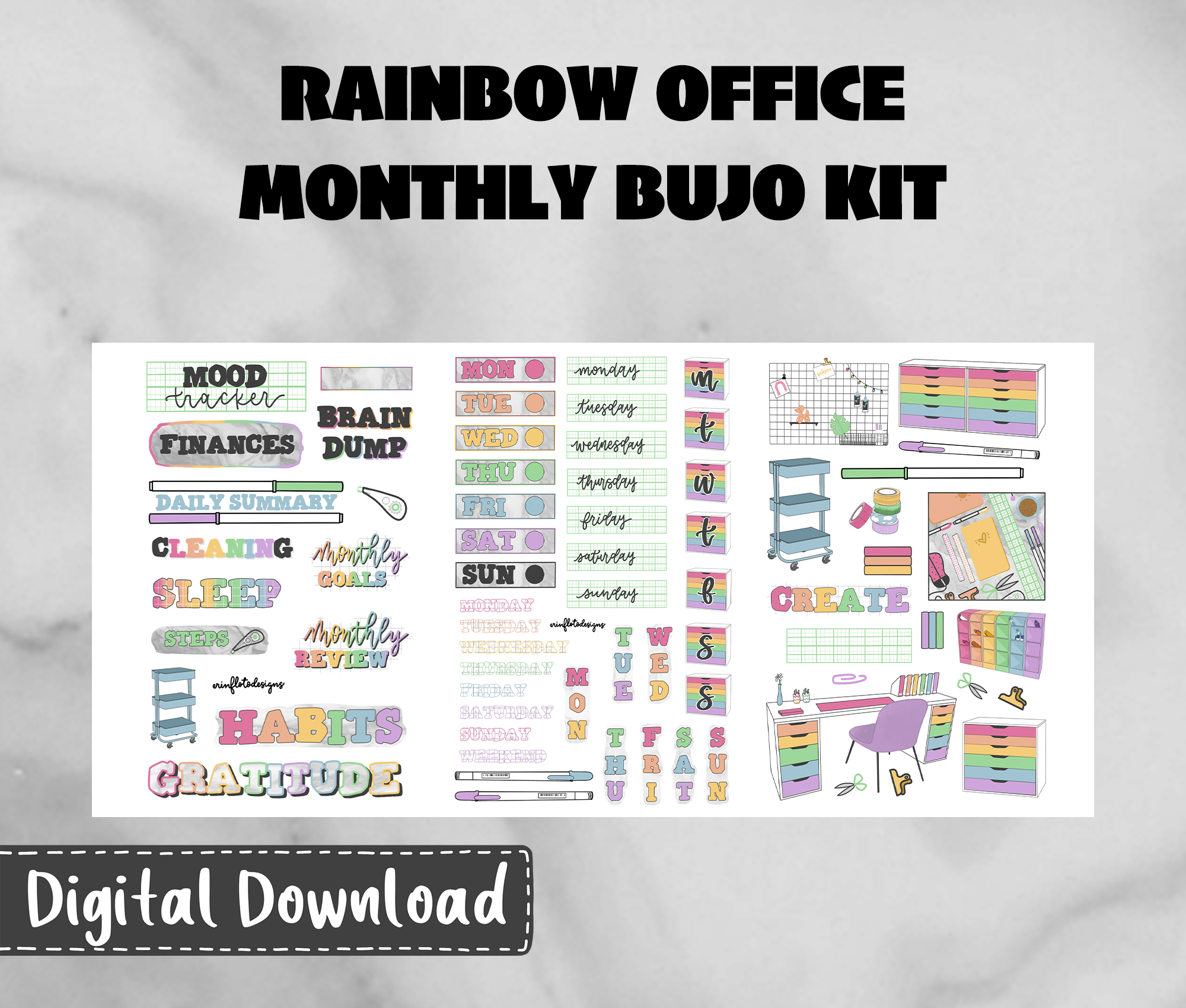Digital Download - Rainbow Office Monthly Bullet Journal Sticker
