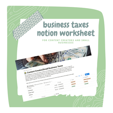 Digital Dashboard - Notion Content Creator and Small Business Owner Tax Dashboard